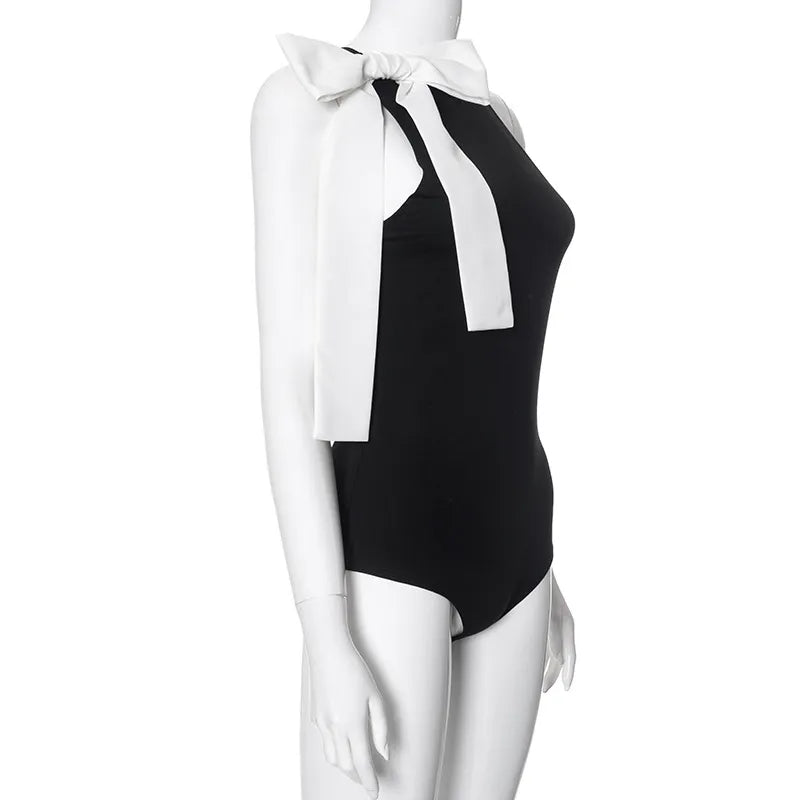 Bow Contrast Color Sleeveless Leotard Women